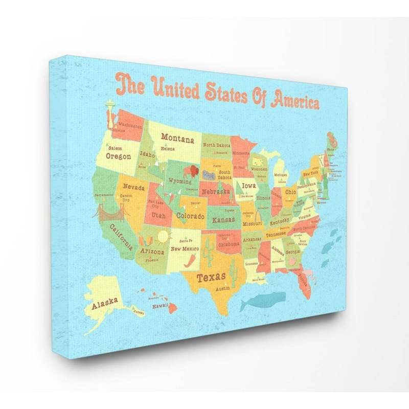 New 16"x1.5"x20" United States of America Usa Kids' Map Stretched Canvas Wall Art - Stupell Industries