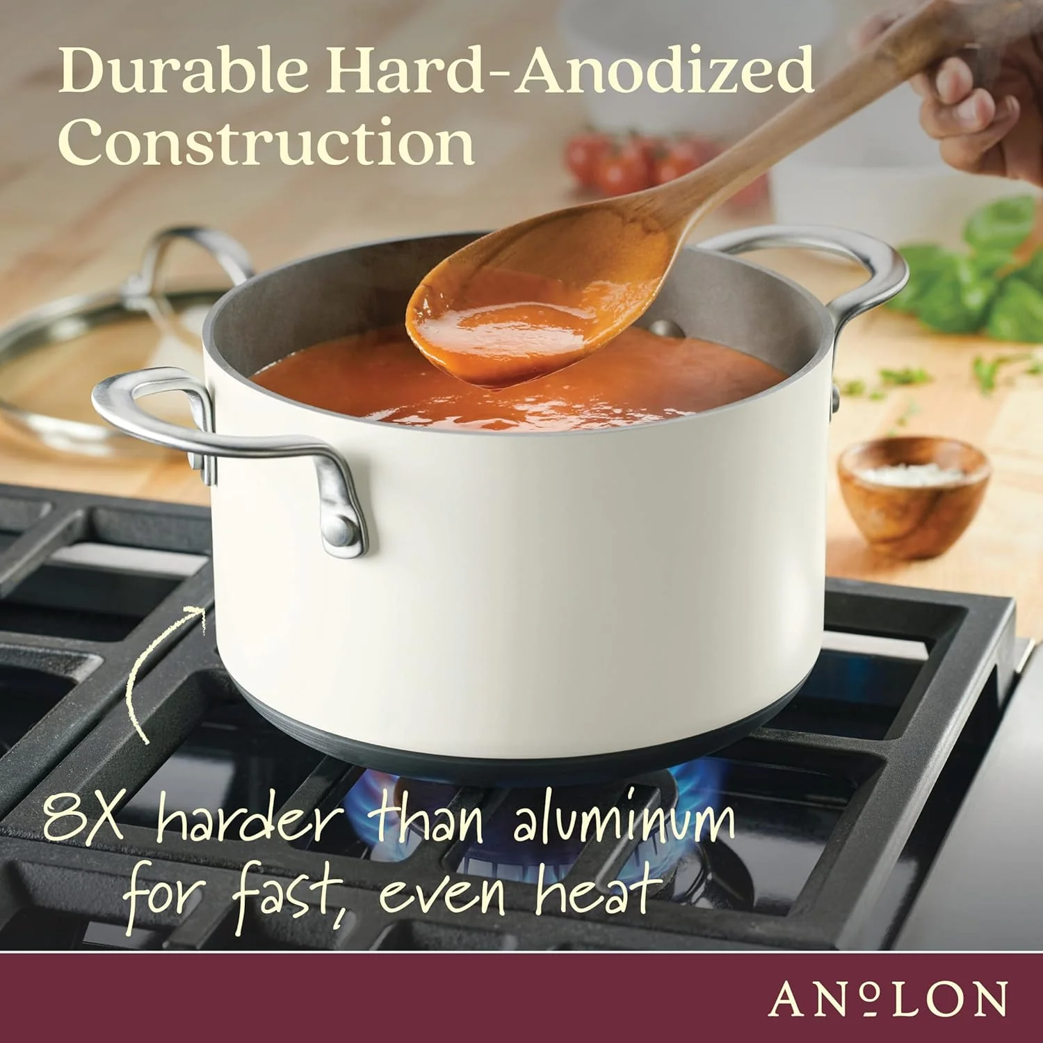 Anolon Achieve Hard Anodized Nonstick Saucepot with Lid, 4 Quart (Cream) - Image 6