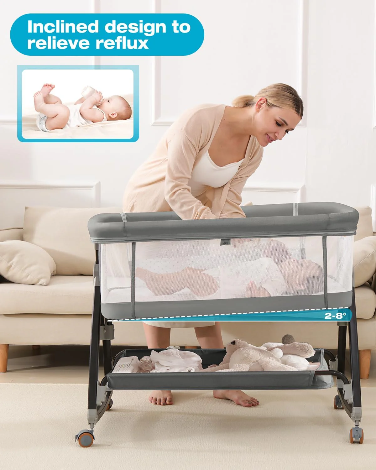 wayfong Baby Bassinet Bedside Sleeper with Wheels (Grey) - Image 3