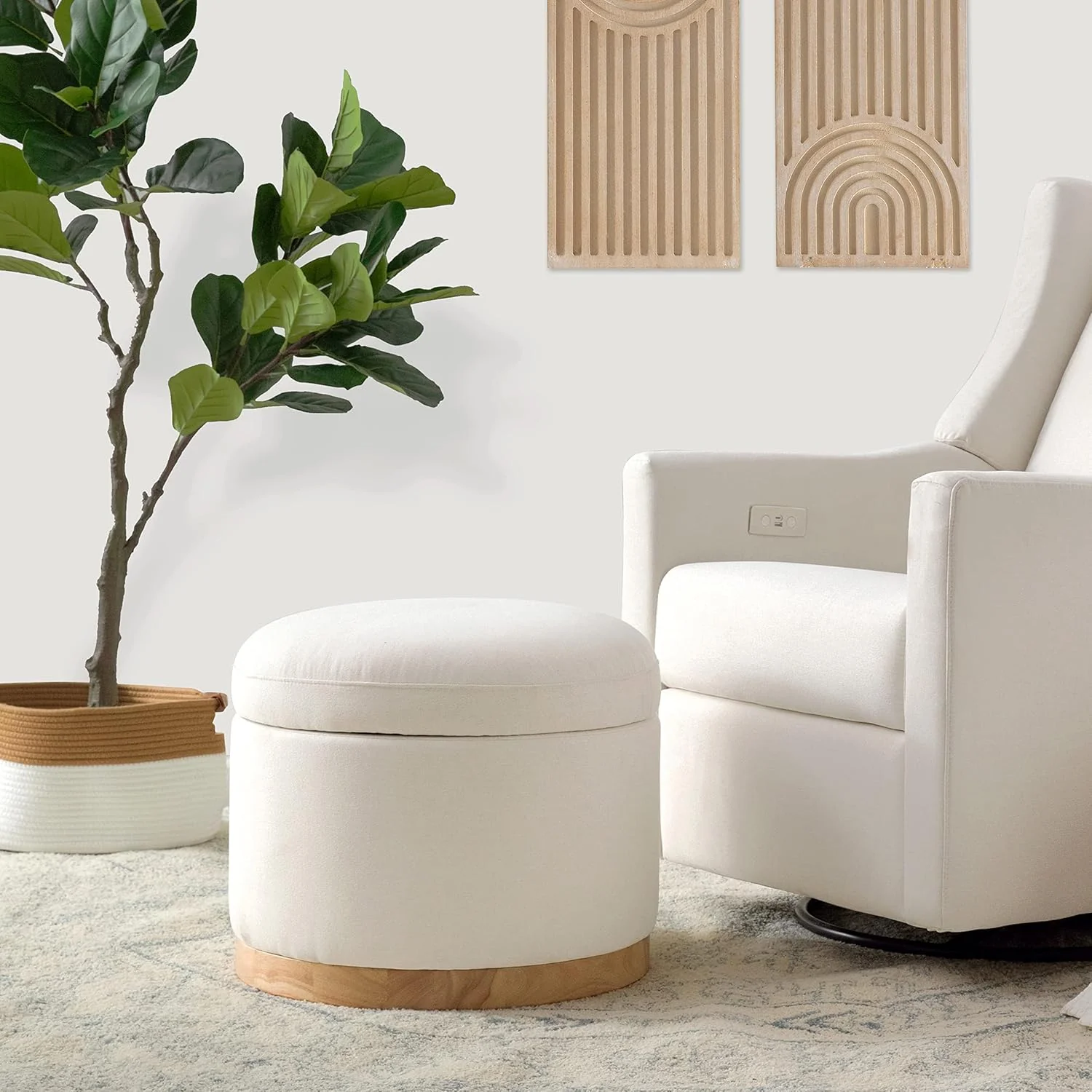 Babyletto Naka Storage Ottoman in Performance Cream Eco-Weave with Light Wood Base (Performance Cream) - Image 2