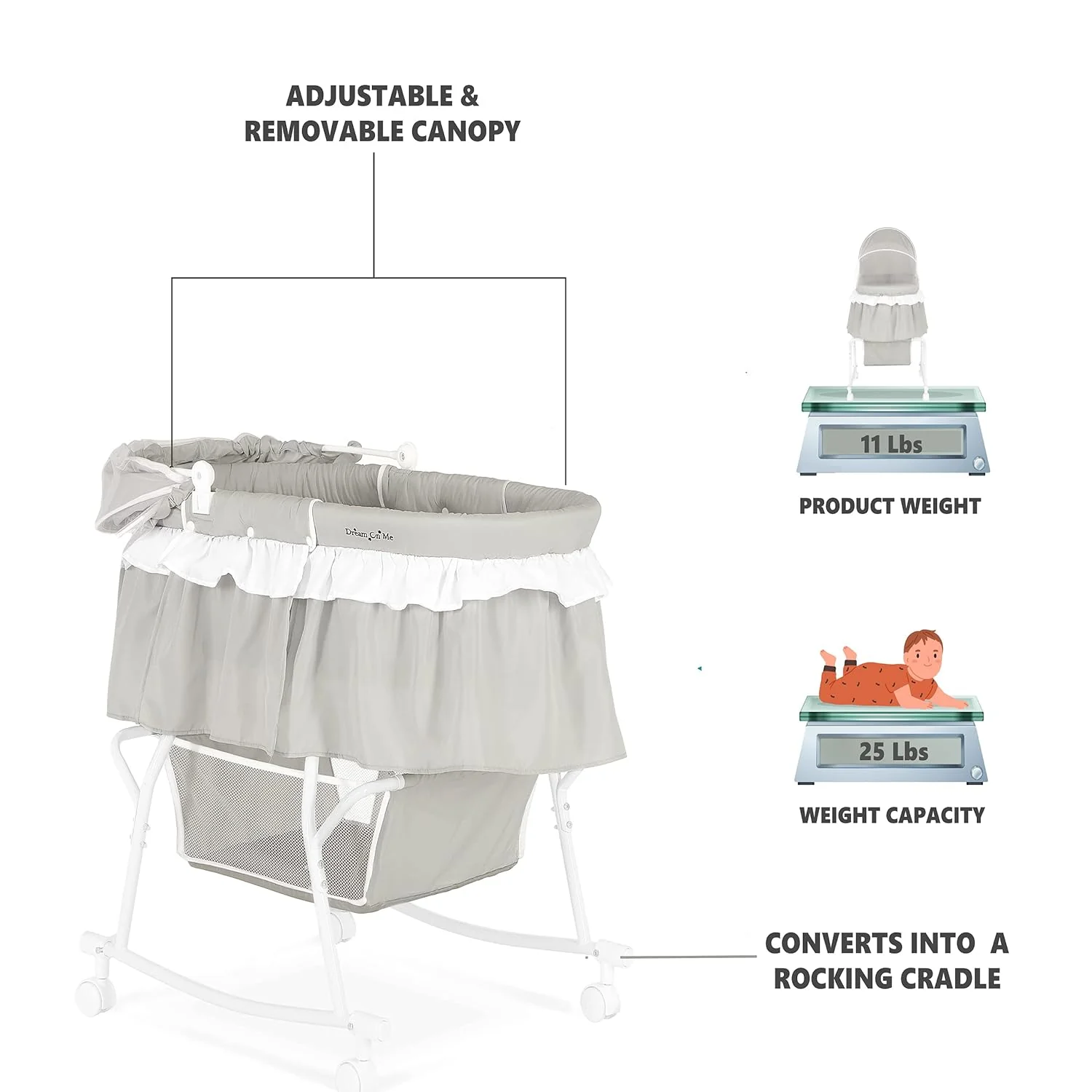 Dream On Me Lacy Portable 2-in-1 Bassinet & Cradle (White) - Image 5