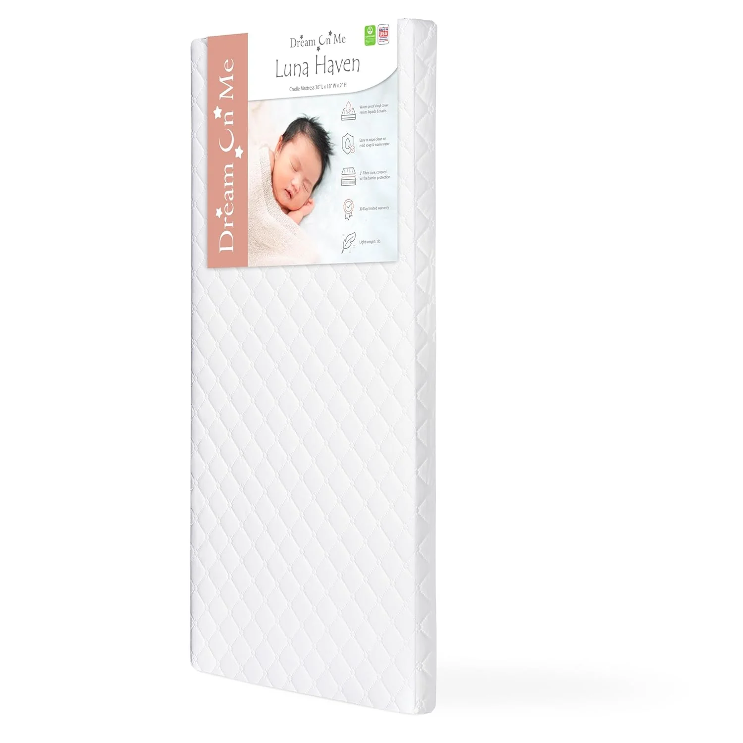 Dream On Me Luna Haven Waterproof Cradle Mattress, 2-Inch Fiber Core