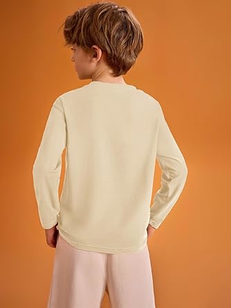 Haloumoning Kids Boys Long Sleeve Crewneck T-Shirts Tee Tops 5-14 Years (Beige) - Image 3