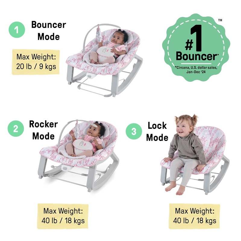 Ingenuity Keep Cozy 3-in-1 Grow with Me Bounce Rock Seat (Pink Lily) - Image 2