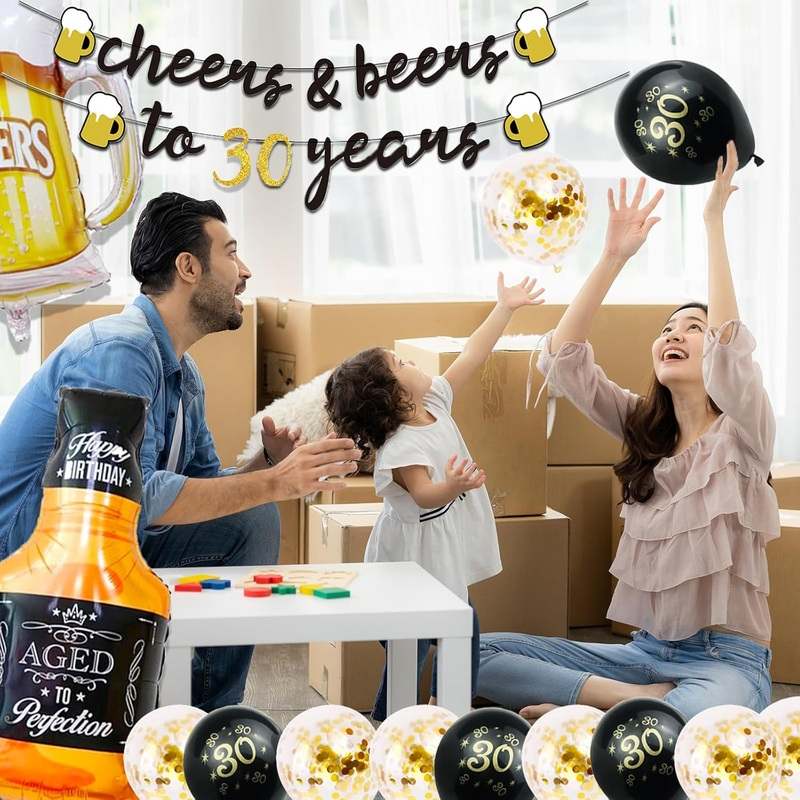 New 30th Birthday Decorations 40 Inch Gold 30 Number Balloons, Cheers to 30 Years Banner, Fringe Curtains and Cups Foil Balloons - Image 5
