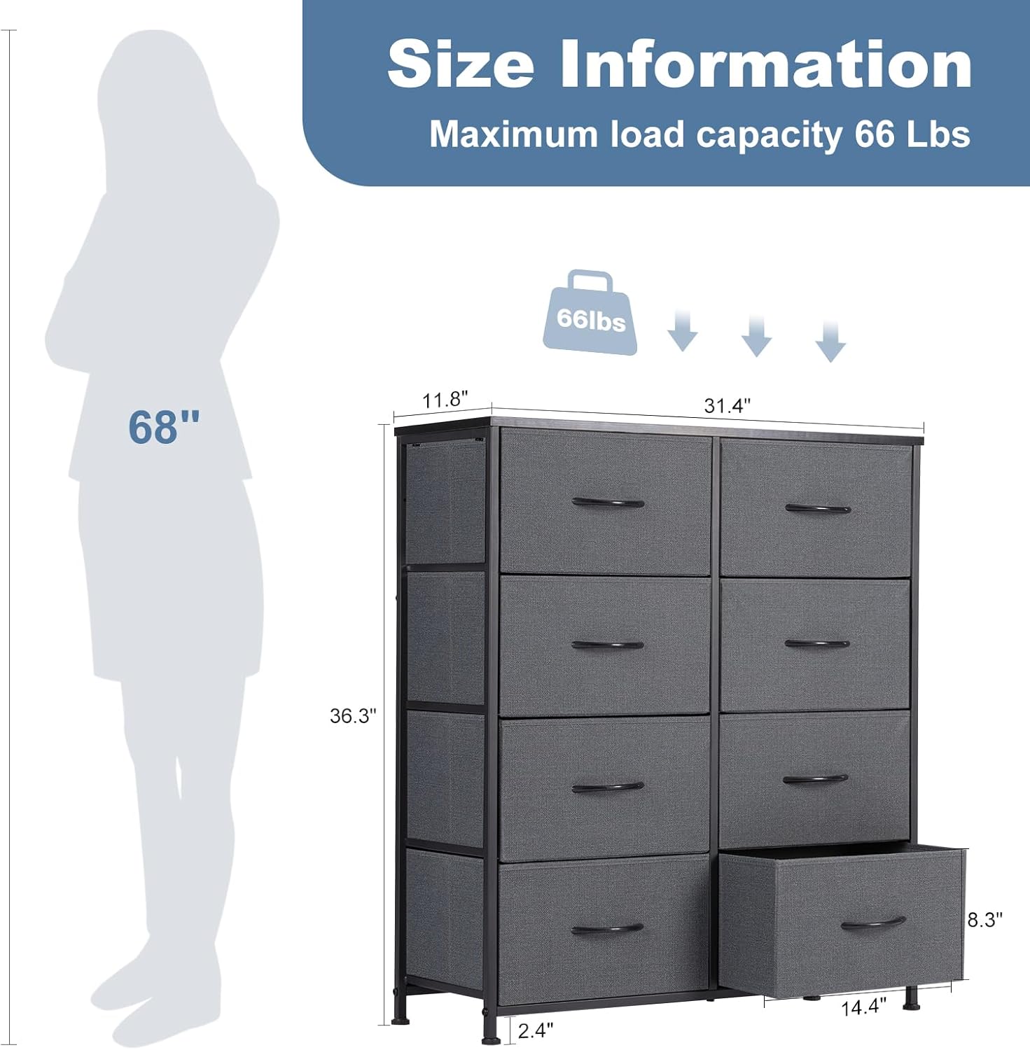New DUMOS 8 Drawer Dresser for Bedroom, Fabric Storage Organizer (Grey) - Image 3