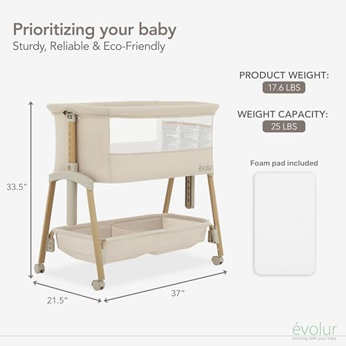 New Evolur Lullaby Portable Bassinet with Wheels (Beige) - Image 4