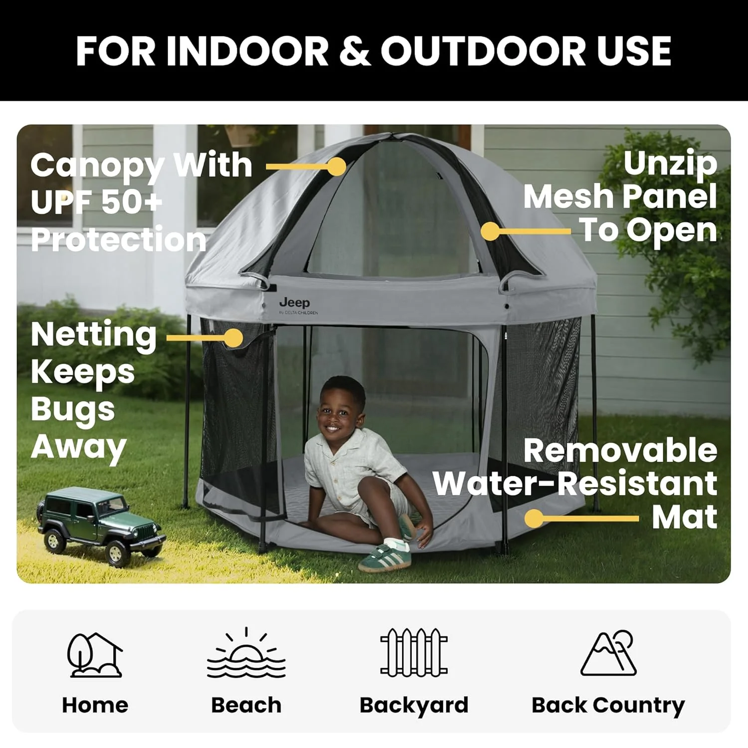 New Jeep Hexagon Pop Up Play Yard with Removable Canopy (Grey) - Image 2