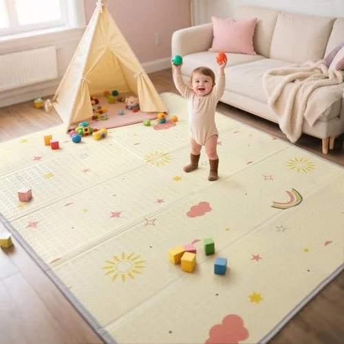 New Mallify Extra Large Foldable Play Mat (Rainbow, Cloud & Moon, 79"x71")