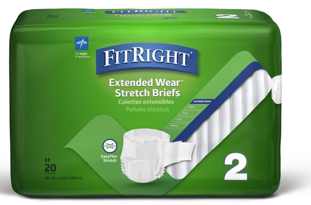 New Medline FitRight Extended Wear Stretch Briefs, Overnight Adult Diapers with Tabs, Size 2 (Bag of 18)