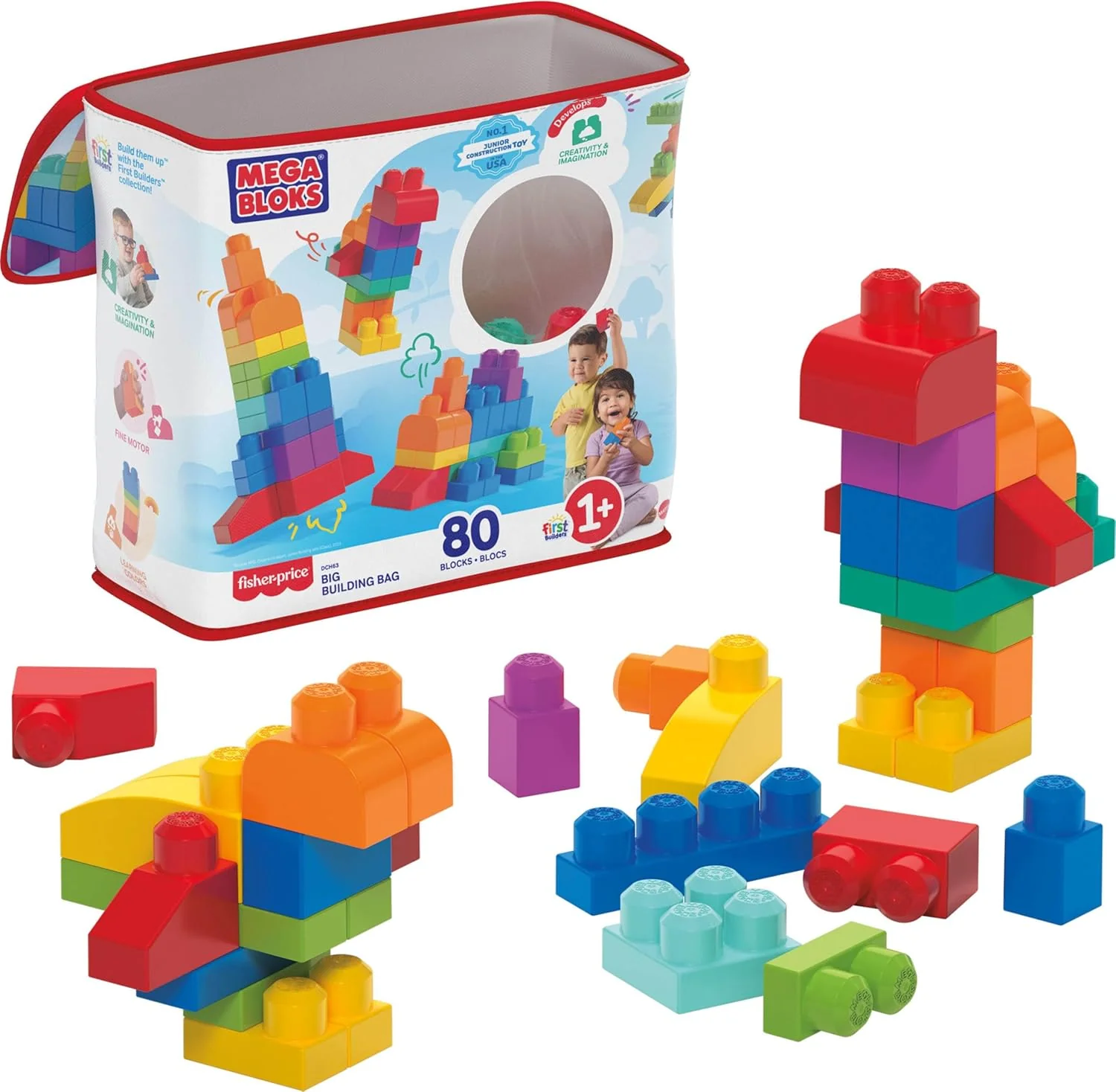 New Mega Bloks First Builders Big Building Bag 80 Piece Block Set (Blue)