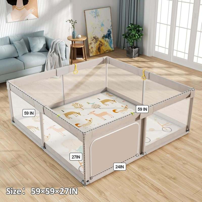 New Mloong 59x59 Extra Large Baby Playpen with Mat (Gray) - Image 3