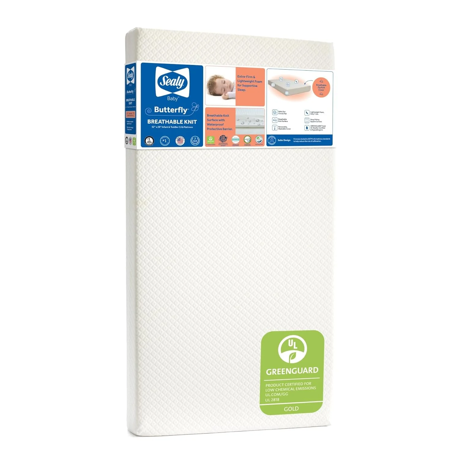 New Sealy Baby Butterfly Knit Breathable Crib Mattress 52x28" (Brushed Zip Knit)