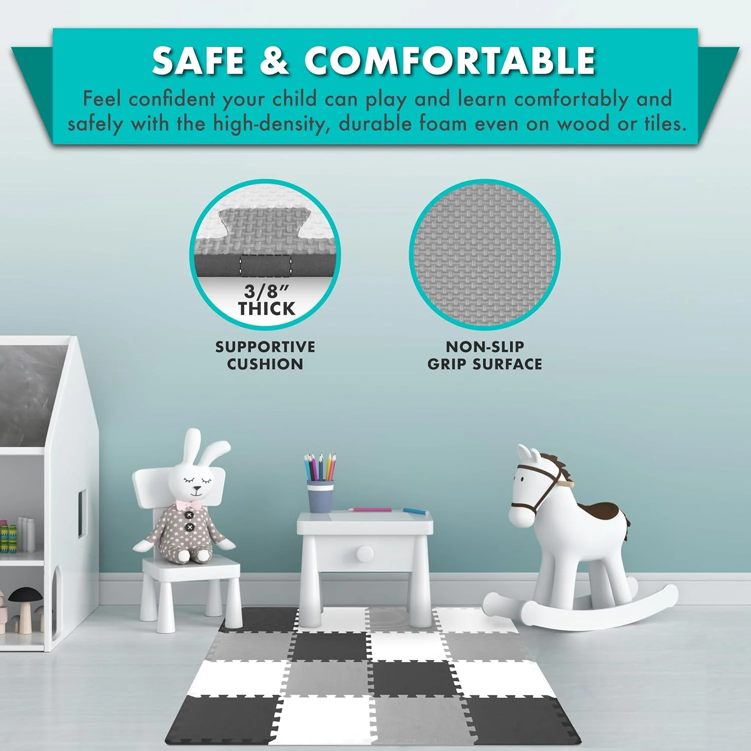ProSource Foam Puzzle Floor Play Mat (Black/Grey/White) - Image 4