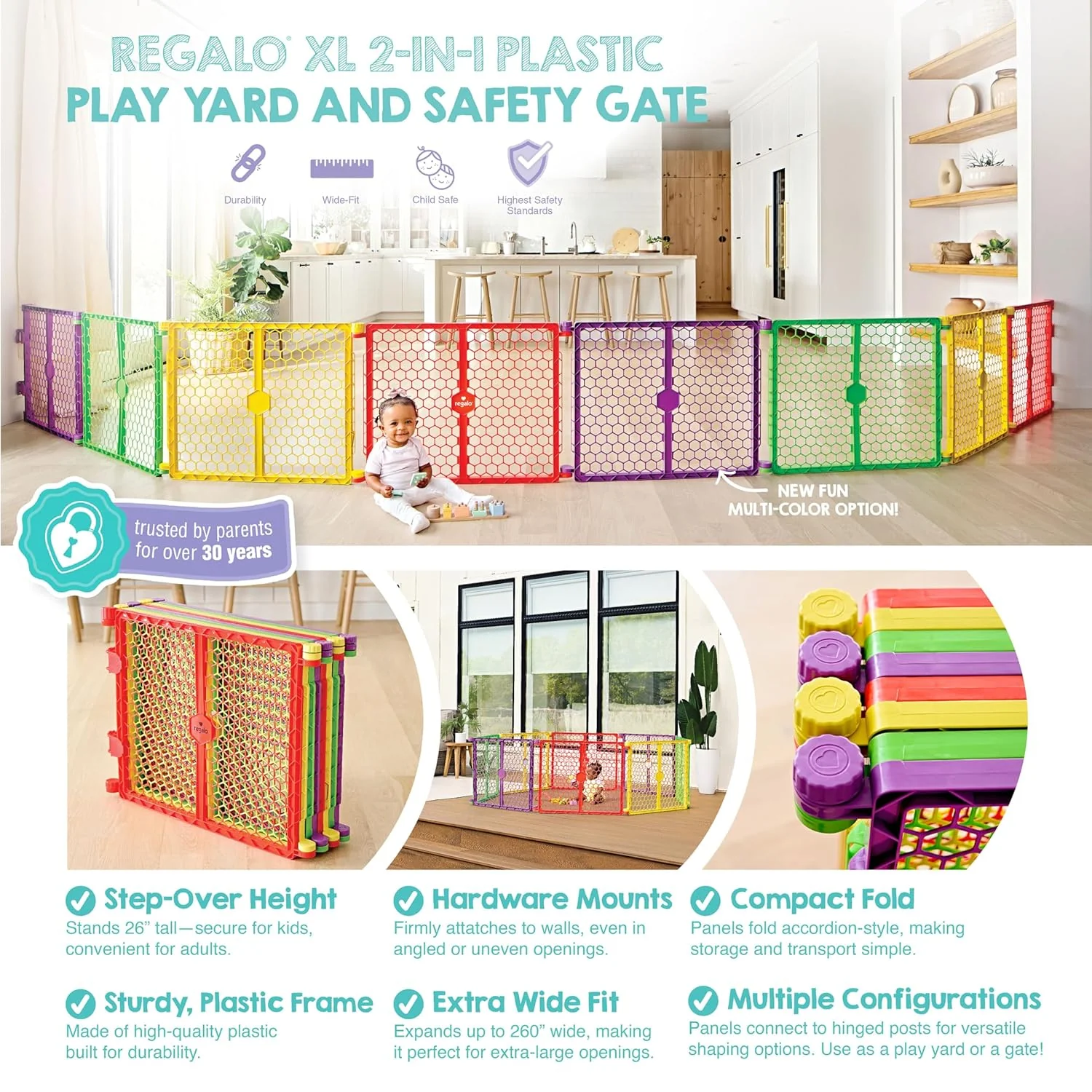 Regalo Safety 260" Super Wide Baby Gate & 8-Panel Playpen (Multi-Colored) - Image 3