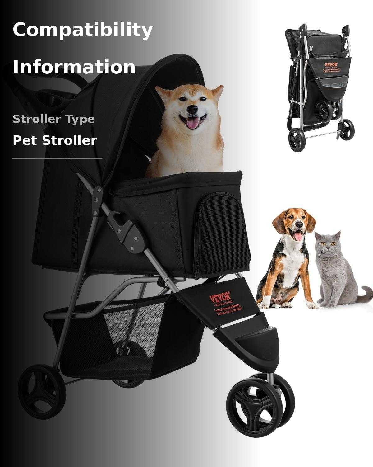 VEVOR Foldable Pet Stroller, 35 lb Capacity with Mesh Windows (Black) - Image 3