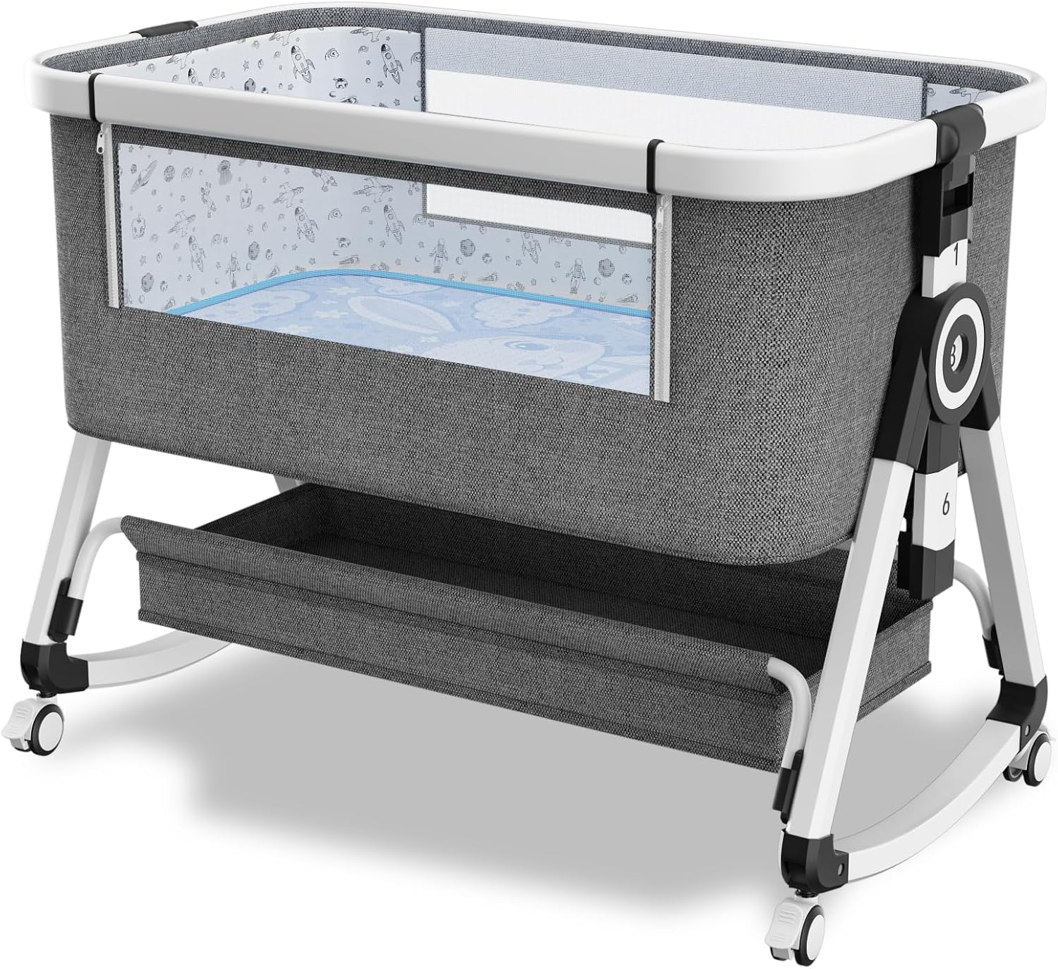 Whiffee 3 in 1 Baby Bassinet,Bedside Sleeper with Storage Basket and Wheels (White&Grey)