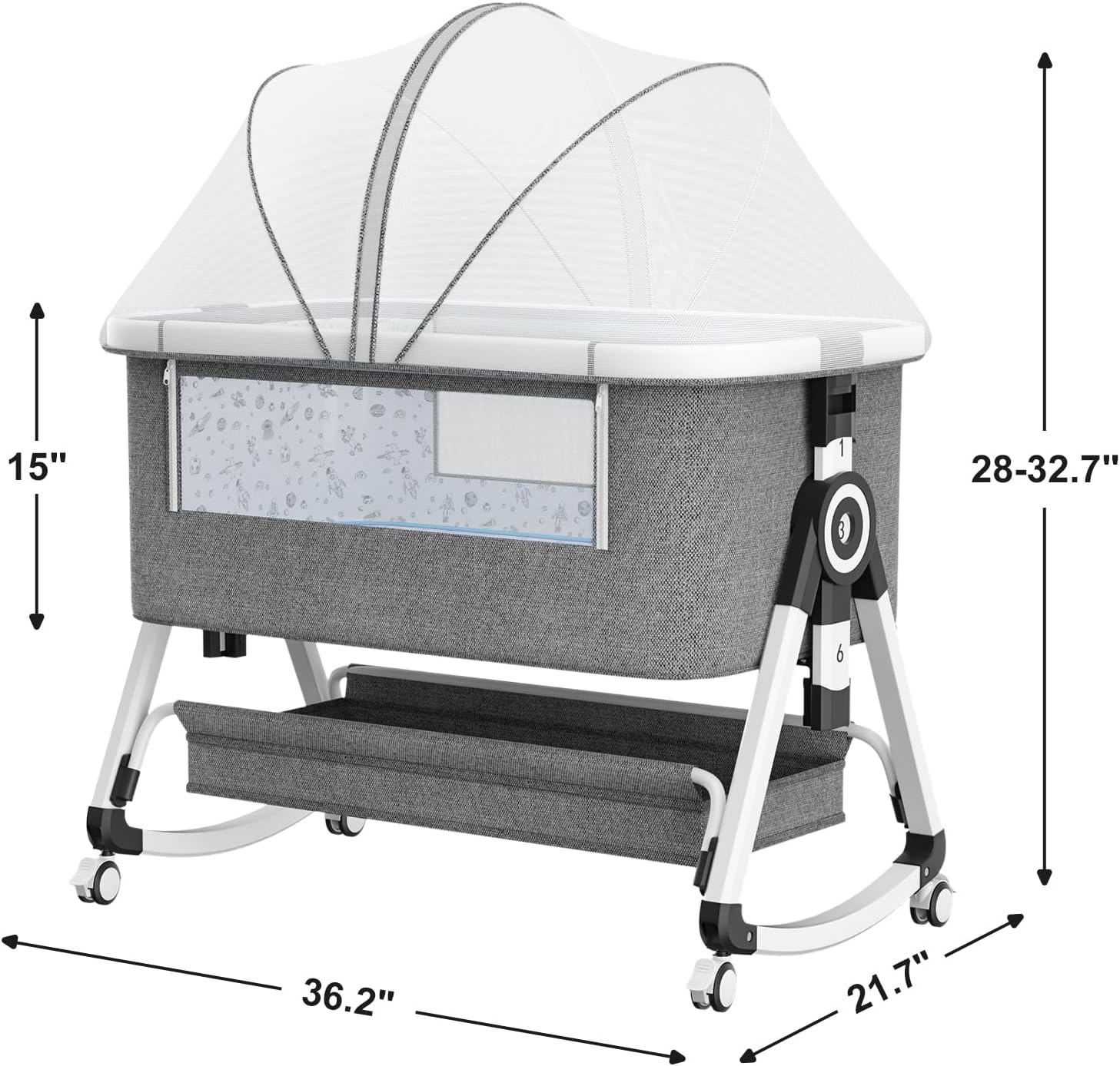Whiffee 3 in 1 Baby Bassinet,Bedside Sleeper with Storage Basket and Wheels (White&Grey) - Image 2